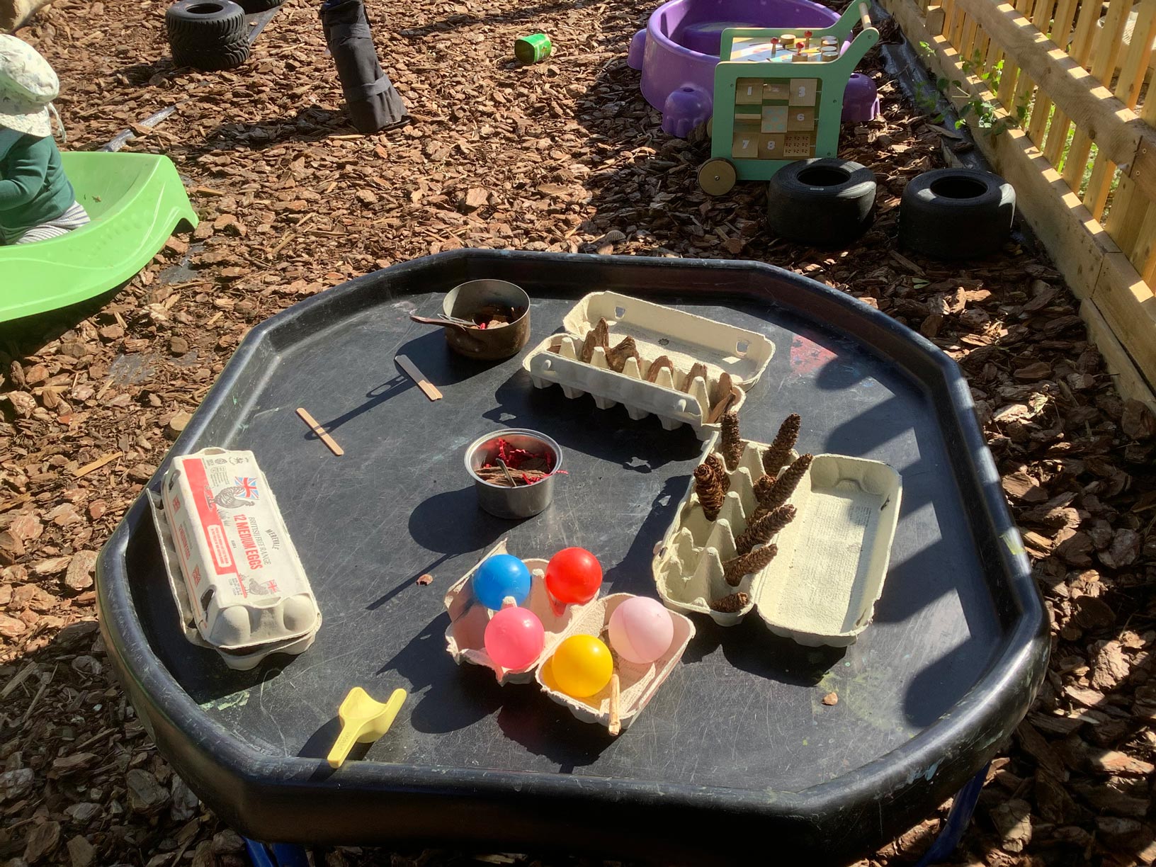 Tuff tray arrangement featuring egg cartons, pine cones, colorful balls, and small scoop tools in an outdoor play area.