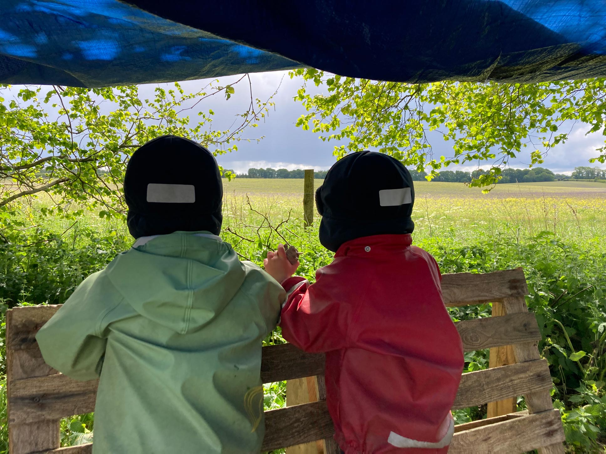Forest school toddlers wearing rain suits resting on a pallet bench under a canopy to view a countryside field.