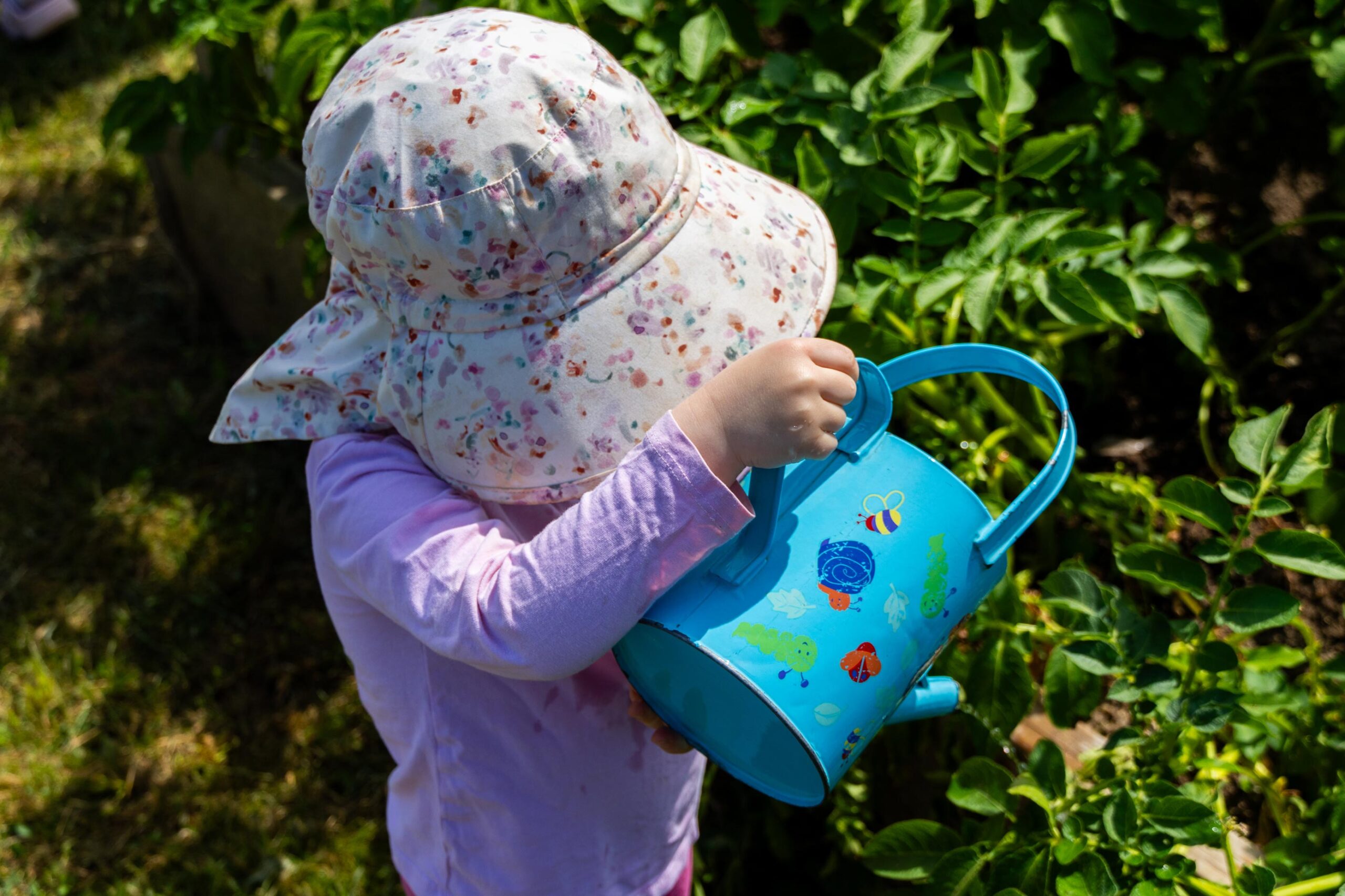 Child with a colourful watering can watering the flowers.